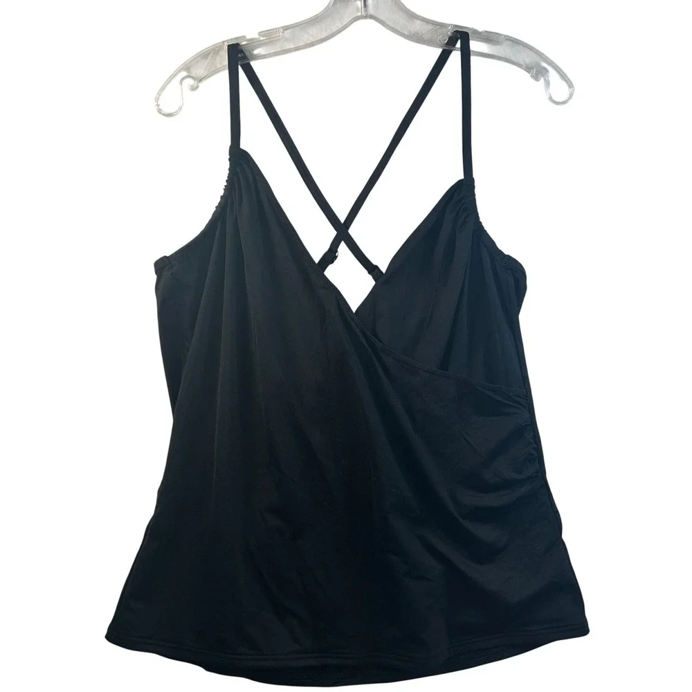Lands End Black Surplice Wrap Tankini Top Ruched Adjustable Straps Size 16‎